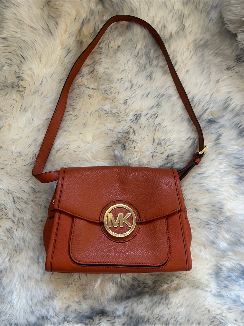 Michael Kors Leather Crossbody Bag in Rust Orange with Gold Logo
